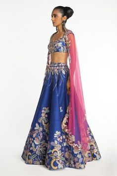 Electric blue lehenga with gota, sequin, zari thread embellishment in floral applique pattern. Paired with sweetheart neck blouse and contrast dupatta. - Aza Fashions Blue Choli With Gota Work For Wedding, Blue Raw Silk Choli With Gota Work, Blue Wedding Choli With Gota Work, Fitted Blue Raw Silk Lehenga, Blue Embellished Raw Silk Sets, Embellished Blue Raw Silk Set, Sweetheart Neck Blouse, Aisha Rao, Contrast Dupatta