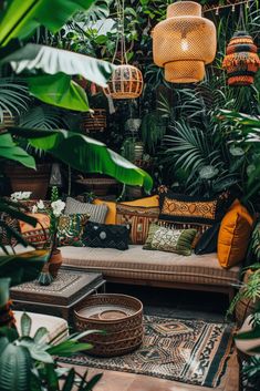 a room filled with lots of plants and hanging lights