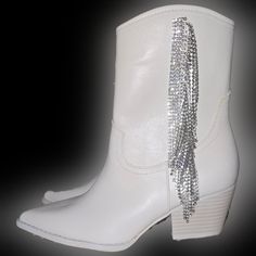 Seriously The Cutest Boots!!!! These Rhinestone Fringe Cowboy Boots Are Made For A Night Out On The Town! They Look Good With Everything And Are So Fun! Dress Them Up For Game Day Or Any Occasion. I Never Got To Wear Them, But There Are So Many Options For These Boots!! Shaft Height 6.25”. Zipper Closure On The Side For Easy In/Off. Heel Height 2.25”. Comfortable And True To Size. White Rhinestone Boots For Fall, White High Heel Boots With Rhinestones, White Rhinestone High Heel Boots, Fringe Cowboy Boots, Sequin Boots, Rhinestone Fringe, Fun Dress, Cute Boots, Altar'd State