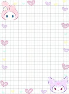 a pink bear and pig face on a grid paper with hearts in the shape of heart shapes