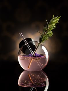 a glass filled with liquid and a green sprig sitting on top of it