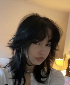 @mariyacerg on instagramv Brown Haircut Ideas Medium, Alt Aesthetic Hair, Grown Out Jellyfish Haircut, Black Wolfcut Hair, Short Y2k Haircut, Black Wolfcut With Bangs, Wind Cut Hair, Short But Long Hair, Hair Cuts Y2k