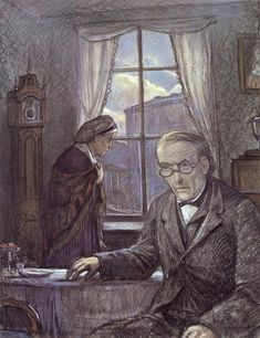 a drawing of two people sitting at a table