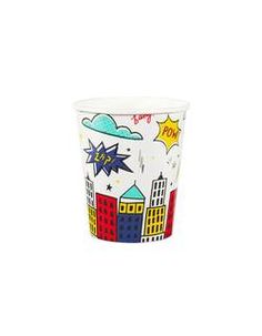 a paper cup with an image of buildings and stars in the sky, on a white background