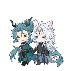 two anime characters standing next to each other with horns on their heads and long hair