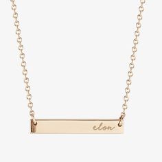 Raise the bar and wear Elon proudly with this Horizontal Bar Necklace. Available in Sterling Silver, Cavan Gold and 14K Gold Sits on a 16-17-18" Cable Chain Bar length: 0.750 inches Bar width: 0.125 inches Surprise Gifts For Her, Horizontal Bar Necklace, Personalized Cufflinks, Bar Necklace Personalized, Raise The Bar, Mens Chain Necklace, Enamel Bracelet, Diamond Charm, Bar Bracelets