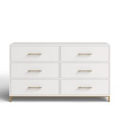 a white dresser with gold handles and drawers on the bottom, against a white background