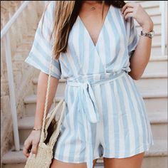 **New** Blue And White Striped Romper! Selling Excess Inventory From A Closed Boutique. Snag Up These Great Deals Before They’re Gone! Striped Short Sleeve Jumpsuits And Rompers For Beach, Striped Jumpsuits For Spring Day Out, Light Blue Jumpsuits And Rompers For Summer Day Out, Striped Short Sleeve Jumpsuits And Rompers For Summer, Light Blue V-neck Jumpsuits And Rompers For Summer, Light Blue V-neck Jumpsuit For Summer, Light Blue Jumpsuits And Rompers For Beach In Spring, Light Blue Jumpsuits And Rompers For Spring Vacation, Light Blue V-neck Jumpsuit For Beach