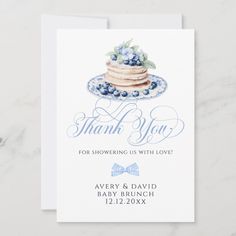 a thank card with blueberries and pancakes on it, in the shape of a bow