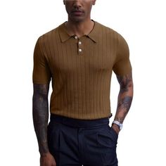 Material - 60% Polyester, 40% Rayon, Polyester Fabric Provides Comfort. Make A Statement With The Slim Fit Design Of This Vintage Casual Knitted Polo Shirt, Designed To Enhance Your Physique. And Our Retro Casual Knitted Polo Shirt Features A Button-Down Collar Design, Making It Perfect For Dressing Up Or Down. Spread Collar With 3 Button Placket, Classic Knitted Fabric Makes Knit Poloshirt Look More Layered The Button Poloshirt's Fabric Is Soft And Breathable To Keep You Dry In Summer, Elevate Fitted Fall Polo Shirt With Button Closure, Fitted Polo Collar Top With Buttons, Casual Slim Fit Tops With Buttons, Fitted Tops With Polo Collar And Buttons, Fitted Tops With Casual Collar For Fall, Brown Collared Knit Tops, Summer Knit Polo Sweater, Business Casual Polo Top With Button Closure, Classic Fitted Collared Tops