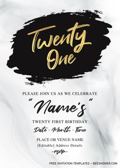 a white and black party flyer with gold lettering