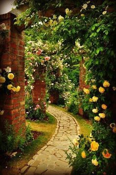 an archway with roses growing on it and a stone path leading to the top one