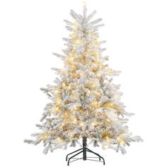 a white christmas tree with lights and snow on the branches, against a white background