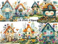 four watercolor houses with flowers and plants