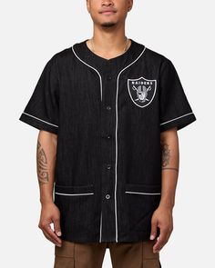 Knock your 'fits straight out of the park with the Las Vegas Raiders Denim Button-Up Shirt by Majestic Athletic. Featuring embroidered team graphics to show off the team you love, with contrast piping and a washed denim for that perfect retro baseball vibe. Get game day ready and cop yours today at Culture Kings. - Official merchandise - Embroidered brand graphics - Contrast piping - Twin needle stitching - Dropped shoulders - Dual front pockets - Button up close - Washed denim - Regular fit - C Got Game, Las Vegas Raiders, Contrast Piping, Culture Kings, Black Culture, Button Up Shirt, Denim Wash, Denim Fashion, Black Denim