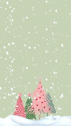 christmas trees in the snow on a green background with white and red dots around them