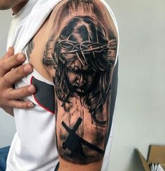 Male With Jesus Walking With Cross Arm Tattoo Tato 3d, Unique Cross Tattoos, Jesus Tattoo Design, Heaven Tattoos, Forarm Tattoos