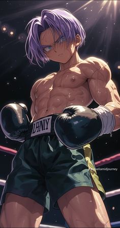 an anime character with purple hair wearing boxing gloves and holding a punching glove in his right hand