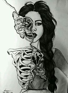 a drawing of a woman with a skeleton on her shoulder and roses in her hair