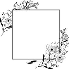 a square frame with flowers and leaves on the edges, in black and white illustration