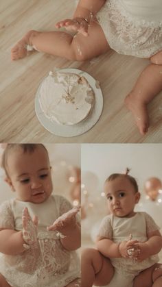 a baby is sitting on the floor and playing with some frosting in front of him