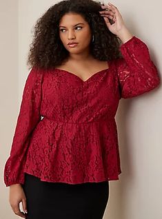 Plus Size Peplum Lace Puff Sleeve Top, RHUBARB Lace Puff Sleeve Top, Peplum Lace, Lace Weave, Lace Blouse Long Sleeve, Pretty Shirts, Lace Peplum, Peplum Blouse, Puff Sleeve Top, Red Lace