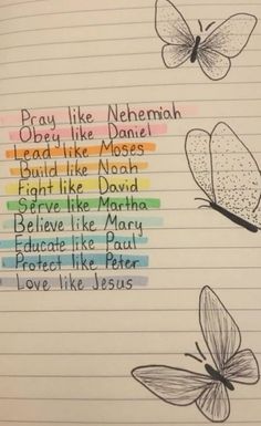 some butterflies on lined paper with the words pray like nehemah