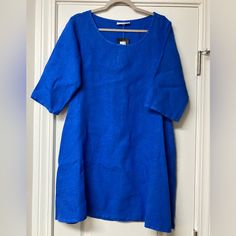 Beautiful Royal Blue Linen A Line Dress With Rounded Neckline, Side Pockets, 3/4 Sleeves, Size Runs Large, Very Relaxed Fit (Fits 8-12 Or Medium To Large). Measurements Are In The Pictures, New With Tags. Blue Linen Dress Relaxed Fit Short Sleeve, Denim Blue Knee-length Relaxed Fit Dress, Knee-length Relaxed Fit Denim Blue Dress, Blue Fitted Knee-length Linen Dress, Blue Knee-length Linen Dress With Relaxed Fit, Bryn Walker, Line Dress, Rounded Neckline, A Line Dress