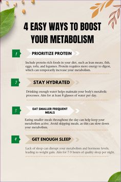 Looking to rev up your metabolism and boost your energy levels? Discover four simple and effective tips to enhance your metabolism: prioritize protein, stay hydrated, eat smaller frequent meals, and get enough sleep. Follow these strategies to achieve your health and fitness goals effortlessly! 💧🍽️😴 #MetabolismBoost #HealthyLiving #NutritionTips #FitnessGoals