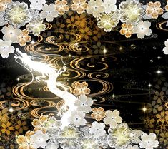 an artistic photo with flowers and swirls in gold, white, and black colors