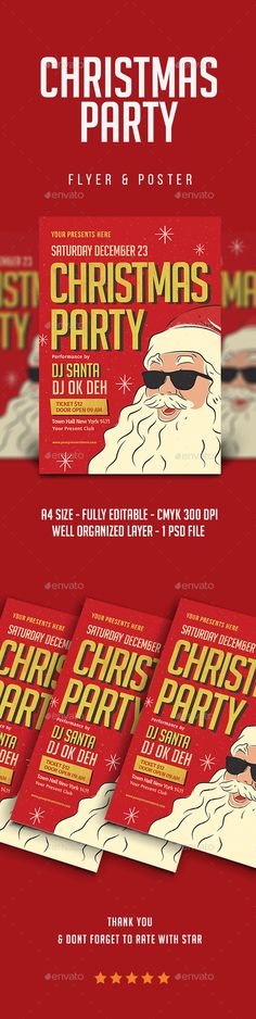 christmas party flyer template with santa claus on the front and back cover, in red