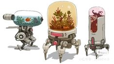 three different types of robots with plants in their tanks and one robot holding a camera