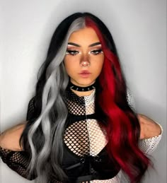 Red Black And Silver Hair, Red And White Highlights Hair, Black And Red Hair Color Ideas, White Red And Black Hair, Black Roots Colored Hair, Red Silver Hair, Black Red And White Hair, Black White And Red Hair, Colored Halo Hair