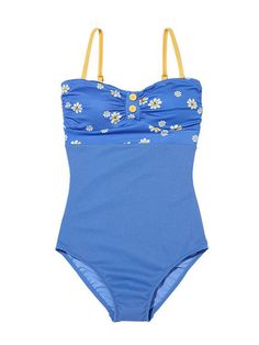 Collaborated with 'Coralique', this is cute and feminine swimsuit featuring mix and match design in color, pattern and materials. It has detachable shoulder straps to allow off-shoulder styling.- Flory logo patterned top and waffle textured solid bottom- Shirring at bust to add volume- Button accent- Detachable shoulder straps- High-waist - Comfortable wear Blue Lined Tankini For Spring, Strapless Swimwear With Adjustable Straps For Summer, Spring Blue Lined Tankini, Spring Blue Tankini With Adjustable Straps, Blue Tankini With Adjustable Straps For Spring, Blue Tankini With Adjustable Straps, Retro Summer Swimwear With Lined Body, Retro Swimwear With Lined Body For Summer, Summer Blue Tankini With Adjustable Straps