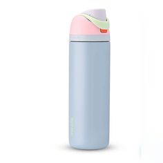 a blue and pink insulated water bottle on a white background