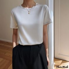 Olivia Mark - Loose-Fit Short Sleeve Satin Silk Top with Round Neck for Women, Ideal for Layering Satin Silk Top, Satin Short Sleeve, Soft Gamine, Satin Short, Satin Silk, Silk Top, Pure White, Olivia Mark, Short Sleeve Blouse