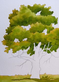 a watercolor painting of a tree with green leaves