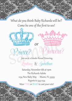 the princess and prince baby shower is shown in pink, blue, and gray colors