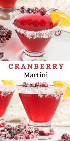 cranberry martini with lemon wedges and sugar on the rim