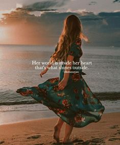 a woman walking on the beach at sunset with her hand in her pocket and an inspirational quote