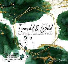 emerald and gold watercolor brushes, gold elements & frames