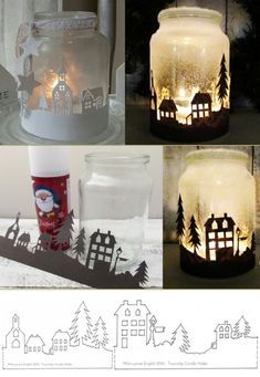 four different images of christmas decorations in glass jars with paper cut outs on the top and bottom