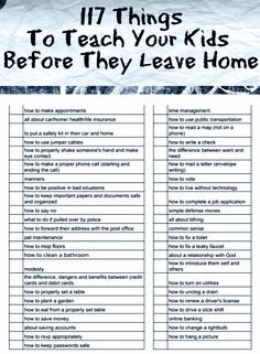 a list with the words 17 things to teach your kids before they leave home on it