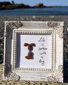 a white frame with some rocks in it and the words life is better with a dog