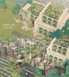 an aerial view of some buildings with plants growing on the roof and in the ground