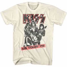 a white t - shirt with an image of the band kiss on it's front