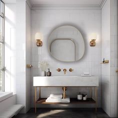 a bathroom with a sink, mirror and bathtub in white tile on the wall