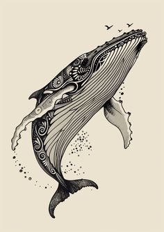 a drawing of a humpback whale with an intricate pattern on it's tail