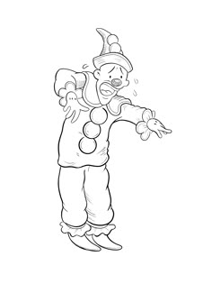 the clown is doing tricks with his arms out and legs spread wide, as if he's holding something in his hand