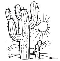 a black and white drawing of a cactus with the sun in the sky behind it